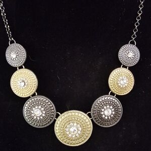 Gold and Silver Tone Medallion Necklace with Crystal Accents